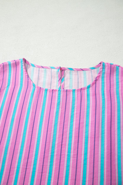 Pink Stripe Puff Sleeve Two Piece Shorts Set