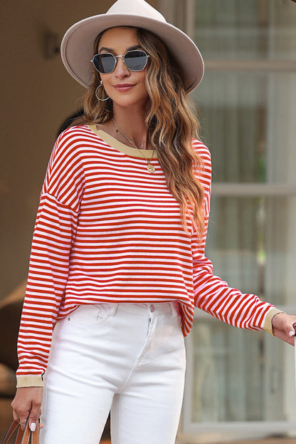 Contrast Trimmed Striped Drop Shoulder Sweater