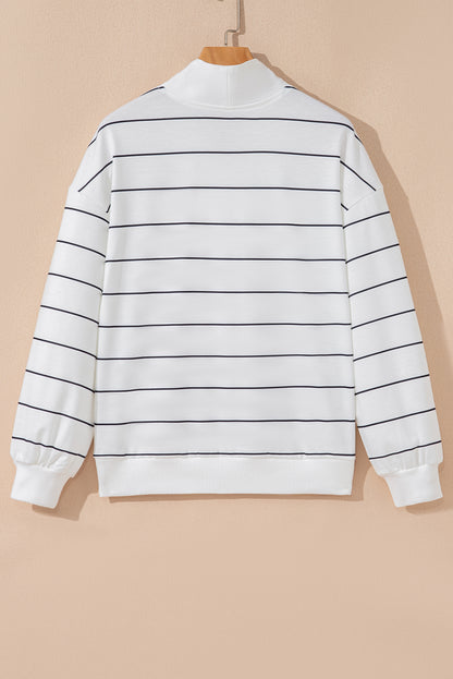 White Striped Zip V Neck Drop Shoulder Long Sleeve Top