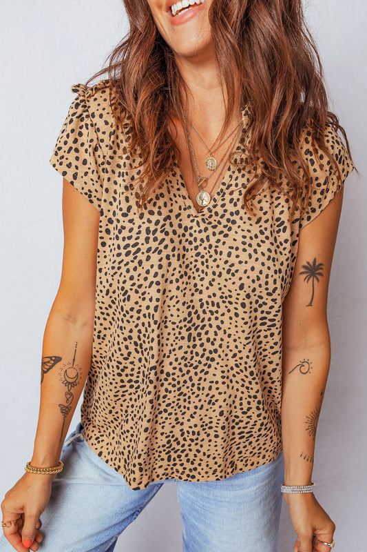Apricot Cheetah Print Ruffle V Neck Short Sleeve Blouse