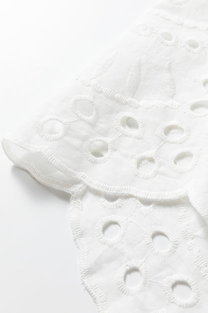 White Eyelet Embroidered Puff Sleeve Button Crop Shirt