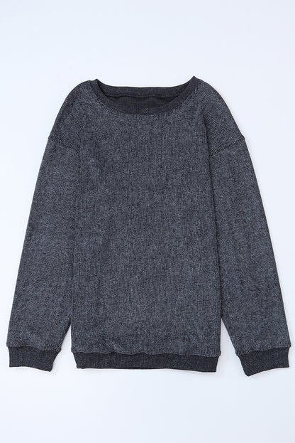Customizable Solid Ribbed Knit Round Neck Casual PulloverSweatshirt