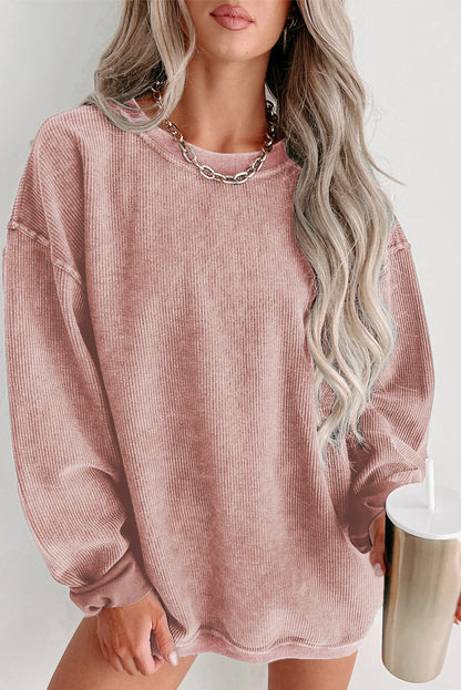Customizable Solid Ribbed Knit Round Neck Casual PulloverSweatshirt