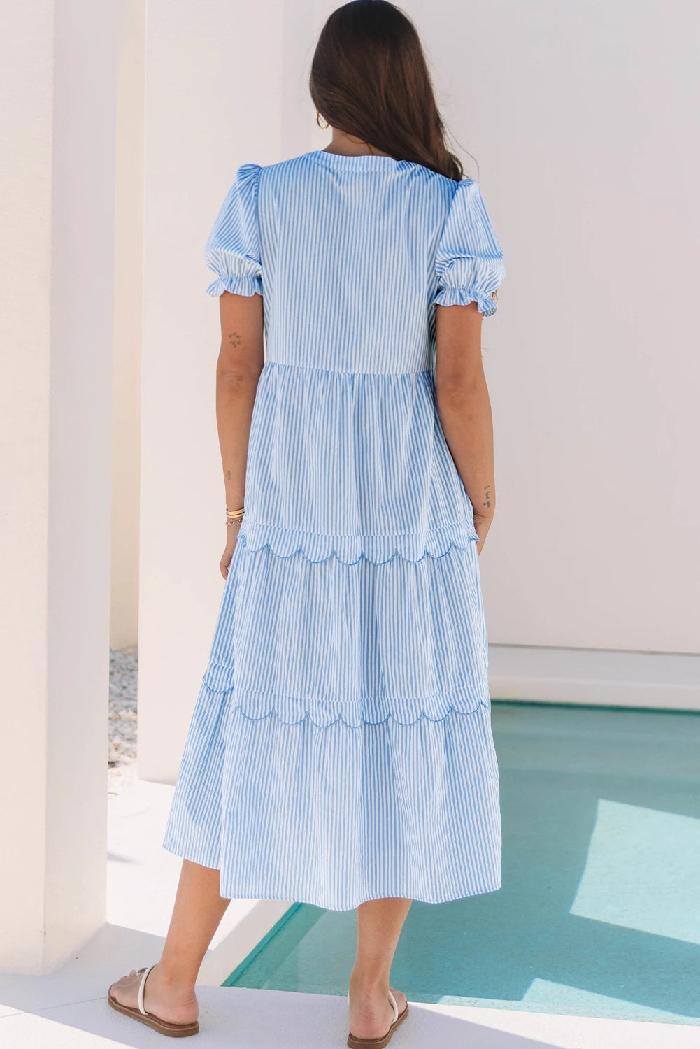 Solid Tiered Maxi Dress Puff Sleeve V Neck Casual