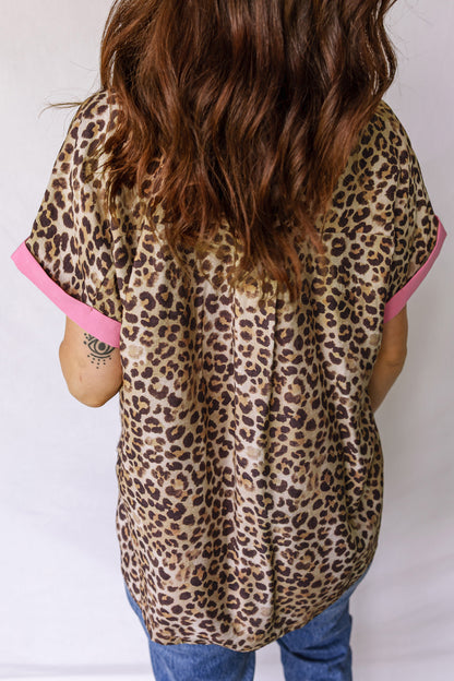 Leopard Print Button Down Shirt Contrast Trim Top
