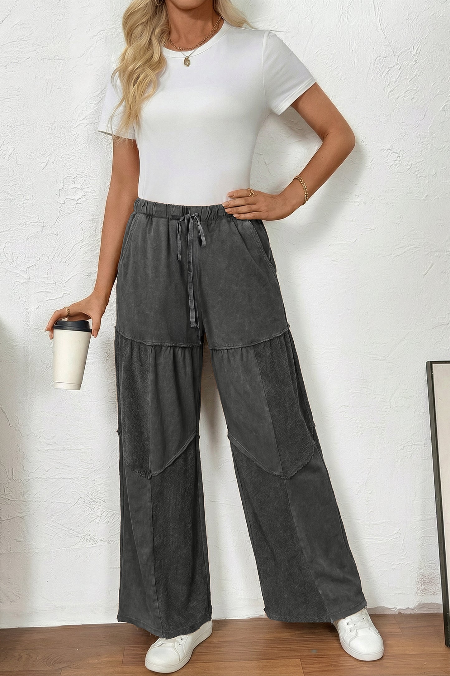 Women's Black Mineral Wash Wide Leg Patchwork Pants
