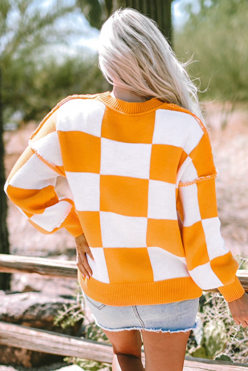 Green Checkered Bishop Sleeve Sweater