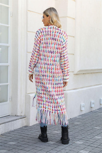 Fringe Knit Duster Cardigan - Colorful Boho Long Sweater