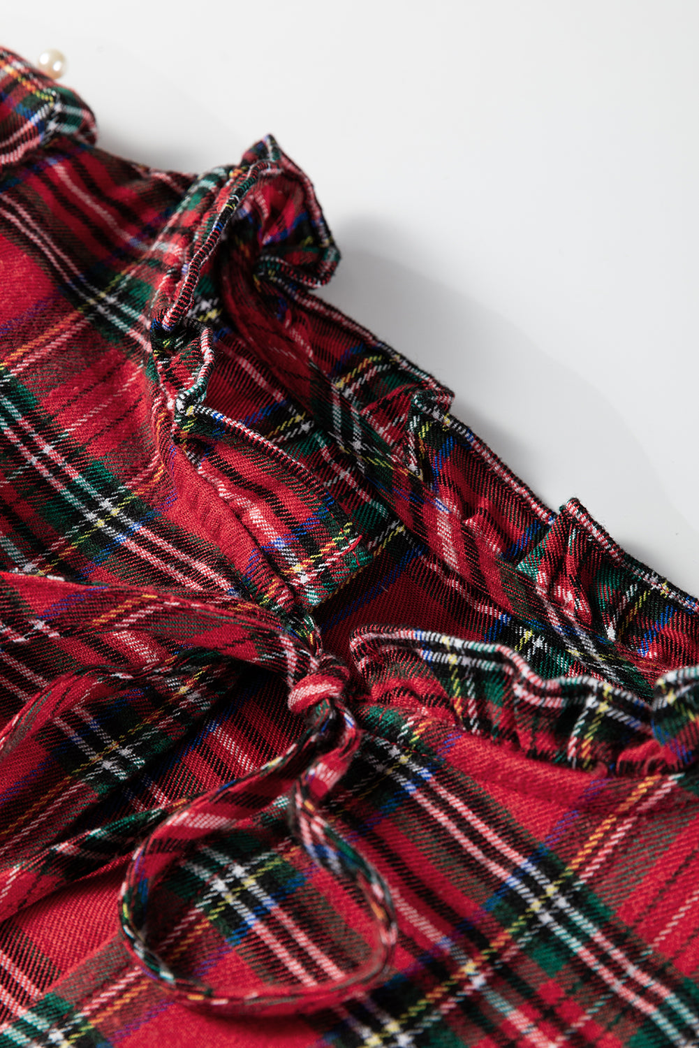 Red Christmas Plaid Pearl Ruffle Short Sleeve Holiday Blouse
