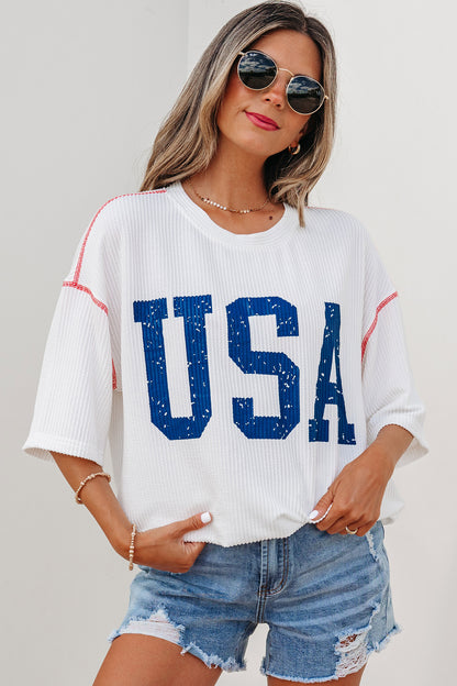 USA Ribbed Graphic Tee Loose Fit Flag Day July 4th