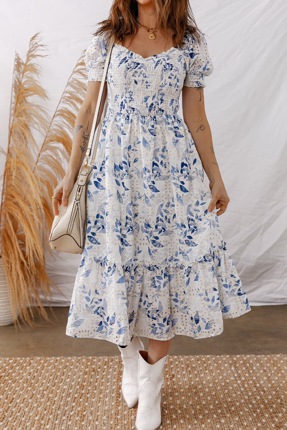 Sky Blue Floral Smocked Bodice Puff Sleeve Midi Dress