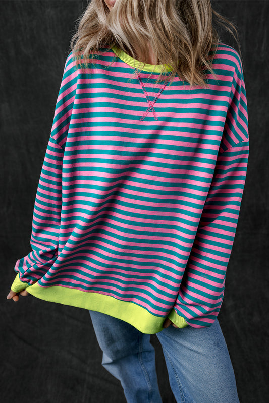 Oversized Colorblock Striped Pullover Sweatshirt for Women