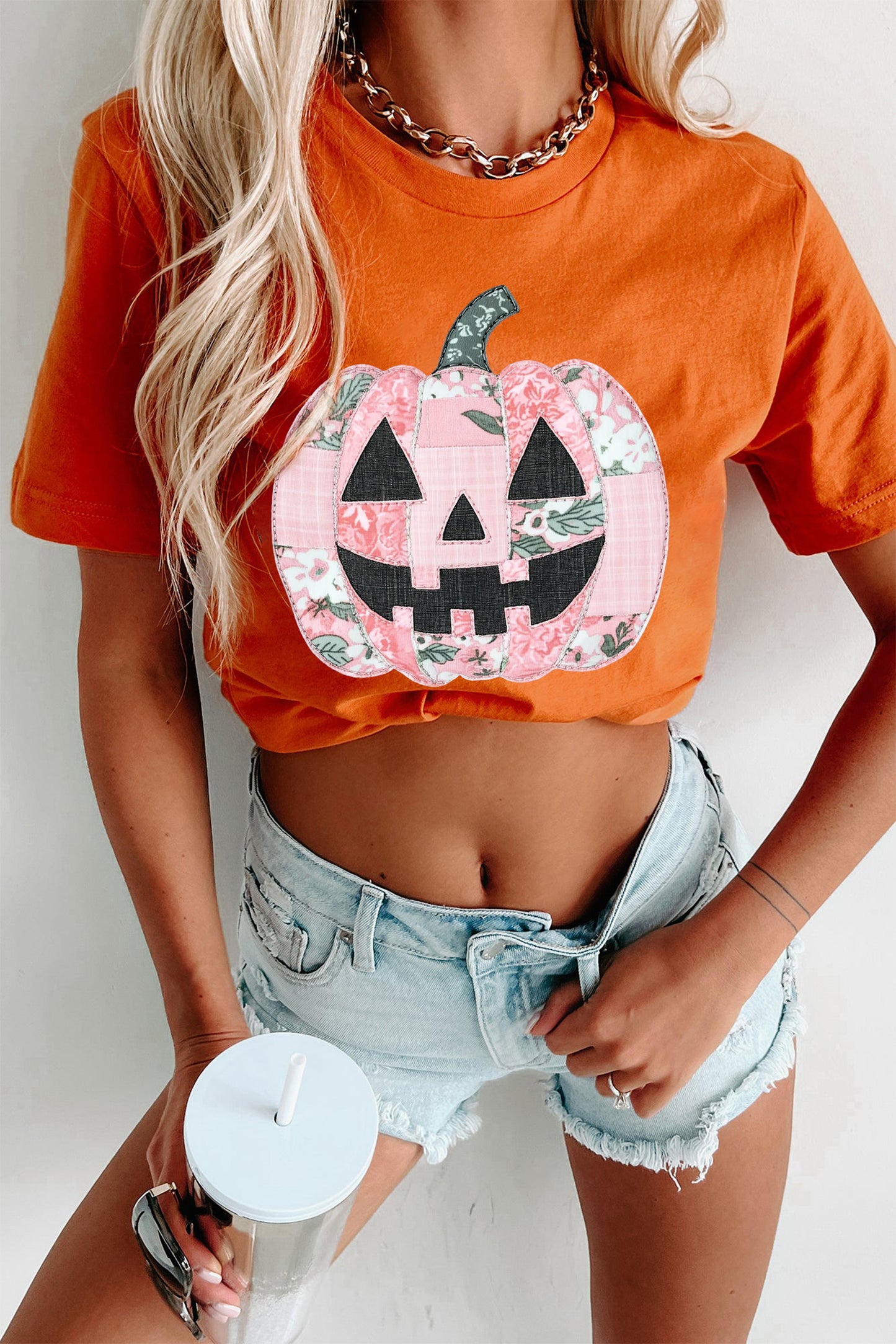Floral Patchwork Pumpkin Graphic Halloween Tee