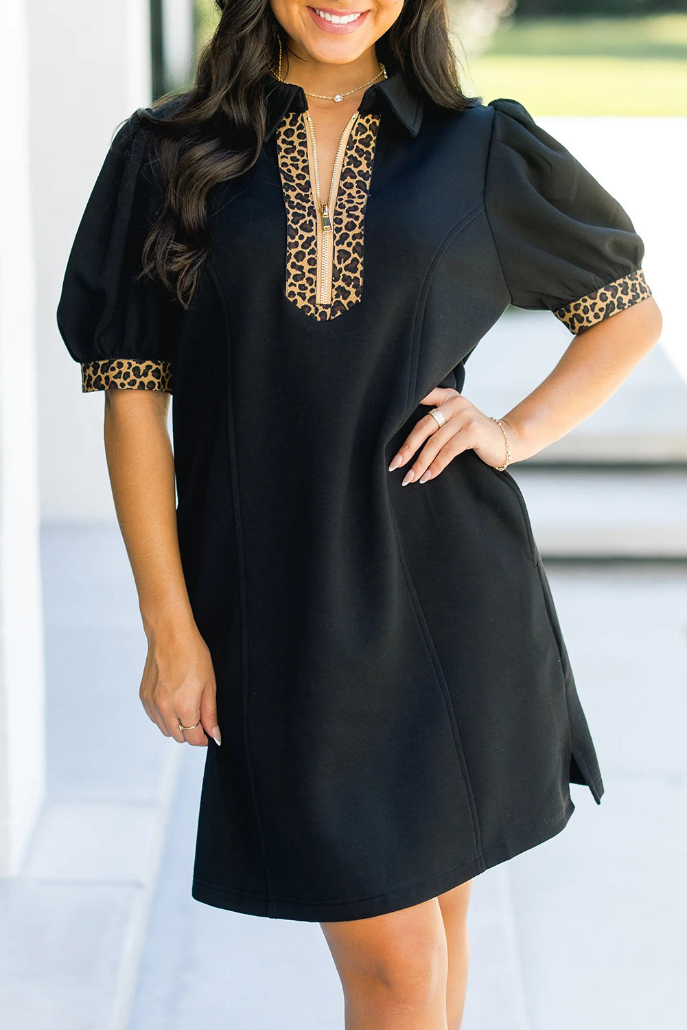 Leopard Trim Zip Neck Mini Dress Women Puff Sleeve
