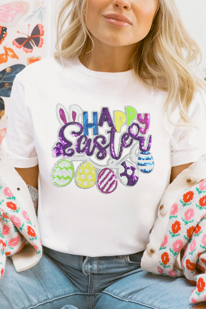 Happy Easter Sequin Patch Graphic Crewneck Tee