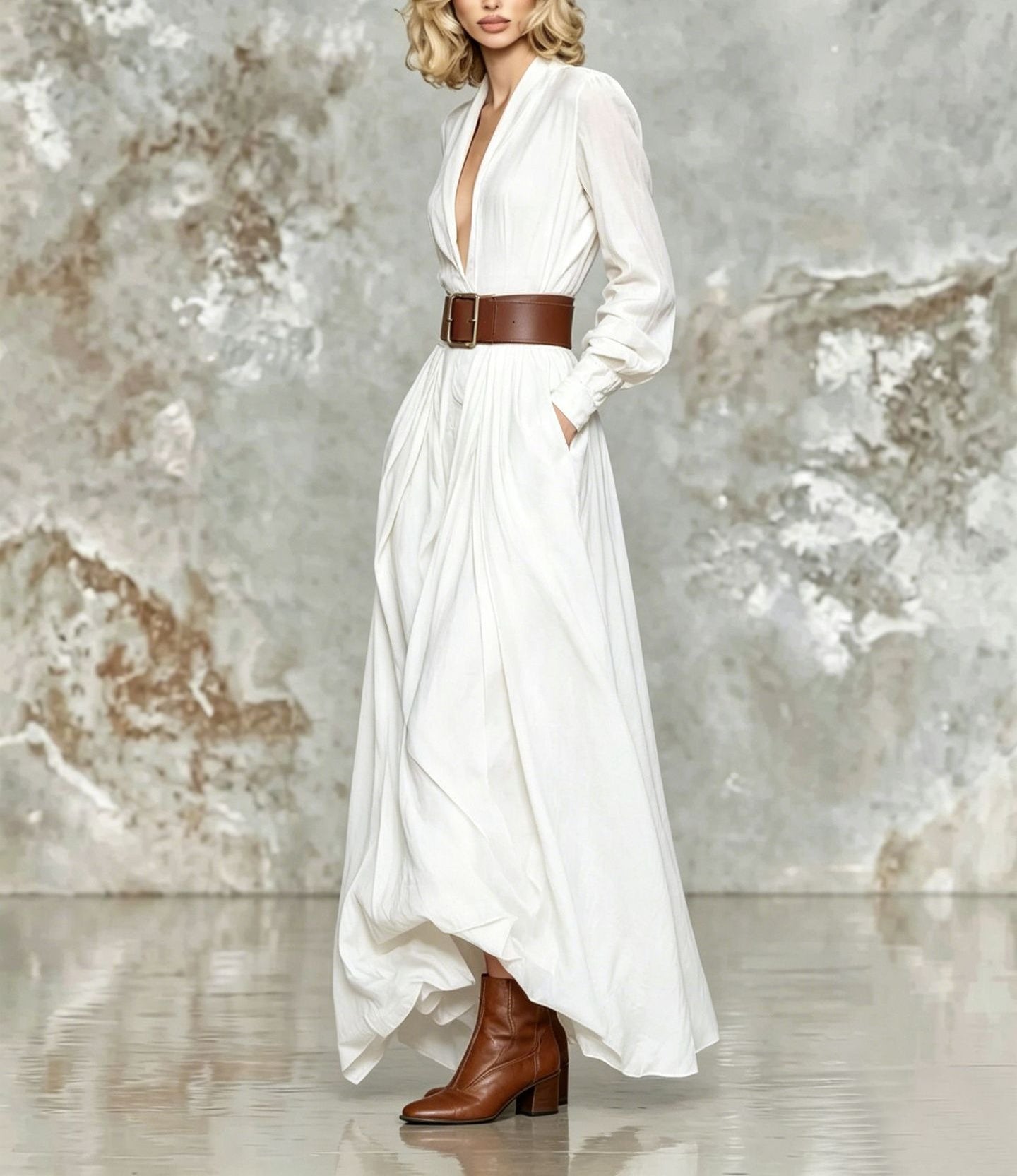 Women Belted Maxi Dress Long Sleeve A-Line Flowy Elegant