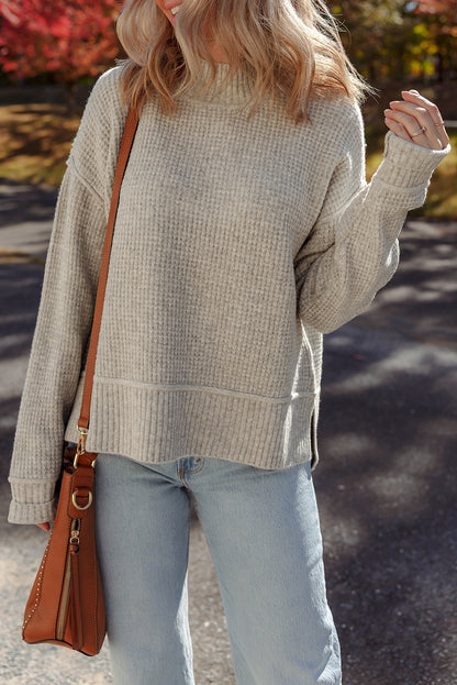 Waffle Knit High Neck Drop Shoulder Ribbed Sweater