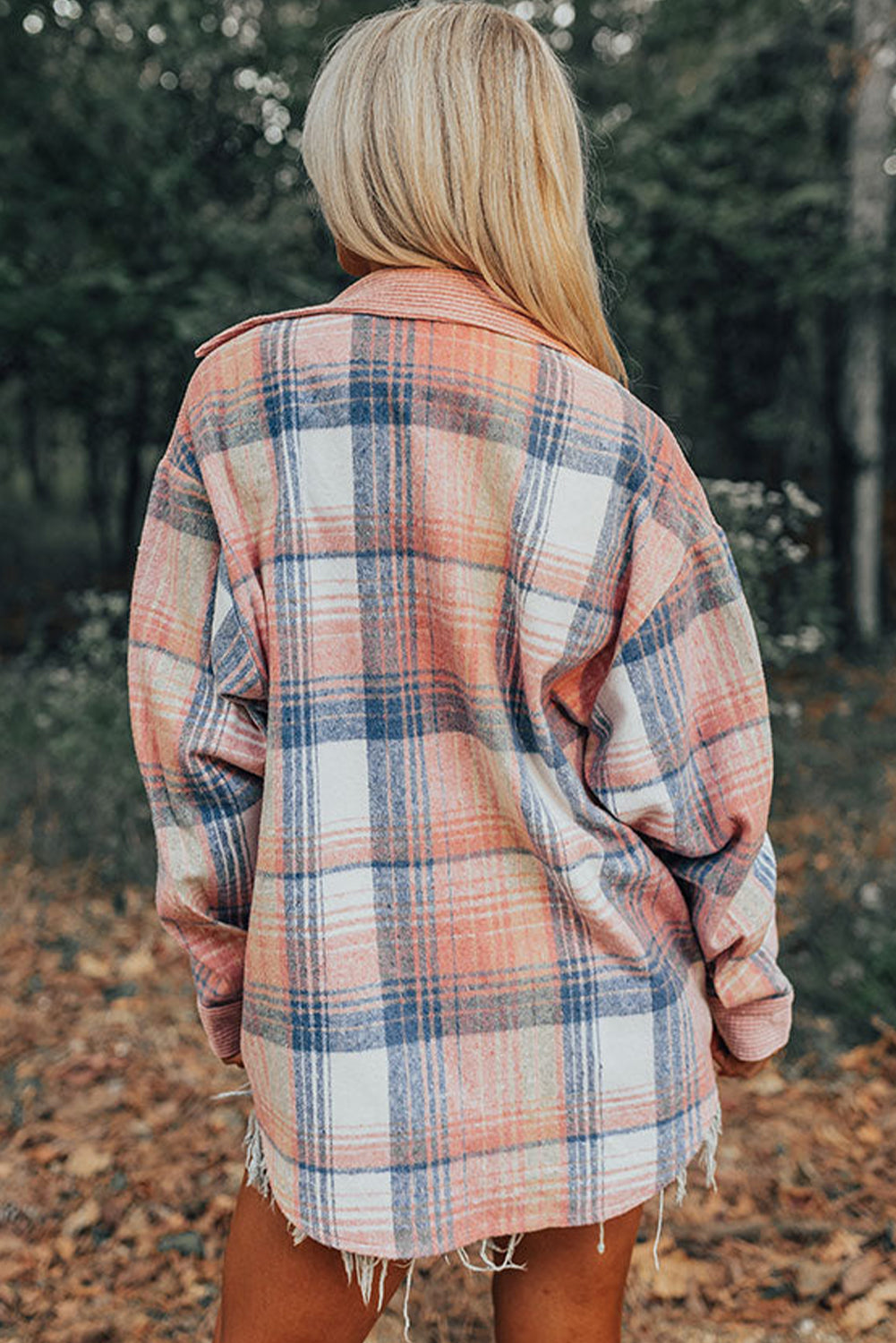 Light Pink Plaid Corduroy Patchwork Pocket Shacket