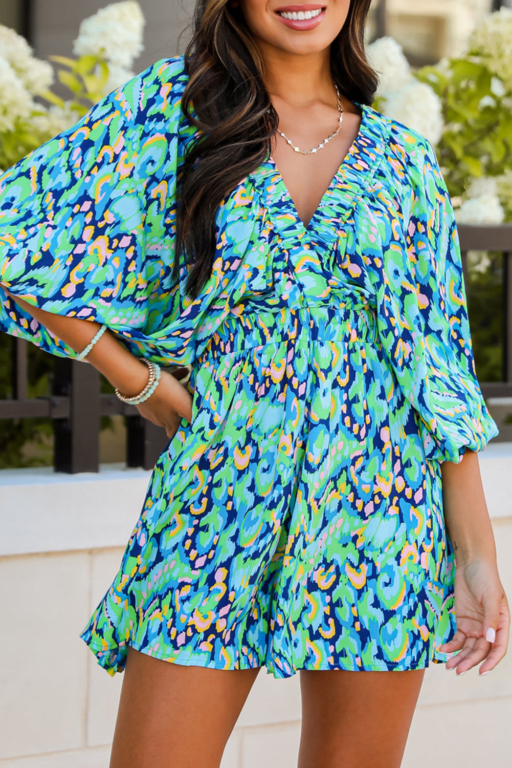 Green Abstract Print V Neck Puff Sleeve Smocked Romper