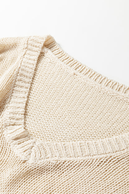 Beau Blue Solid V Neck Pointelle Knit Sleeve Patchwork Sweater