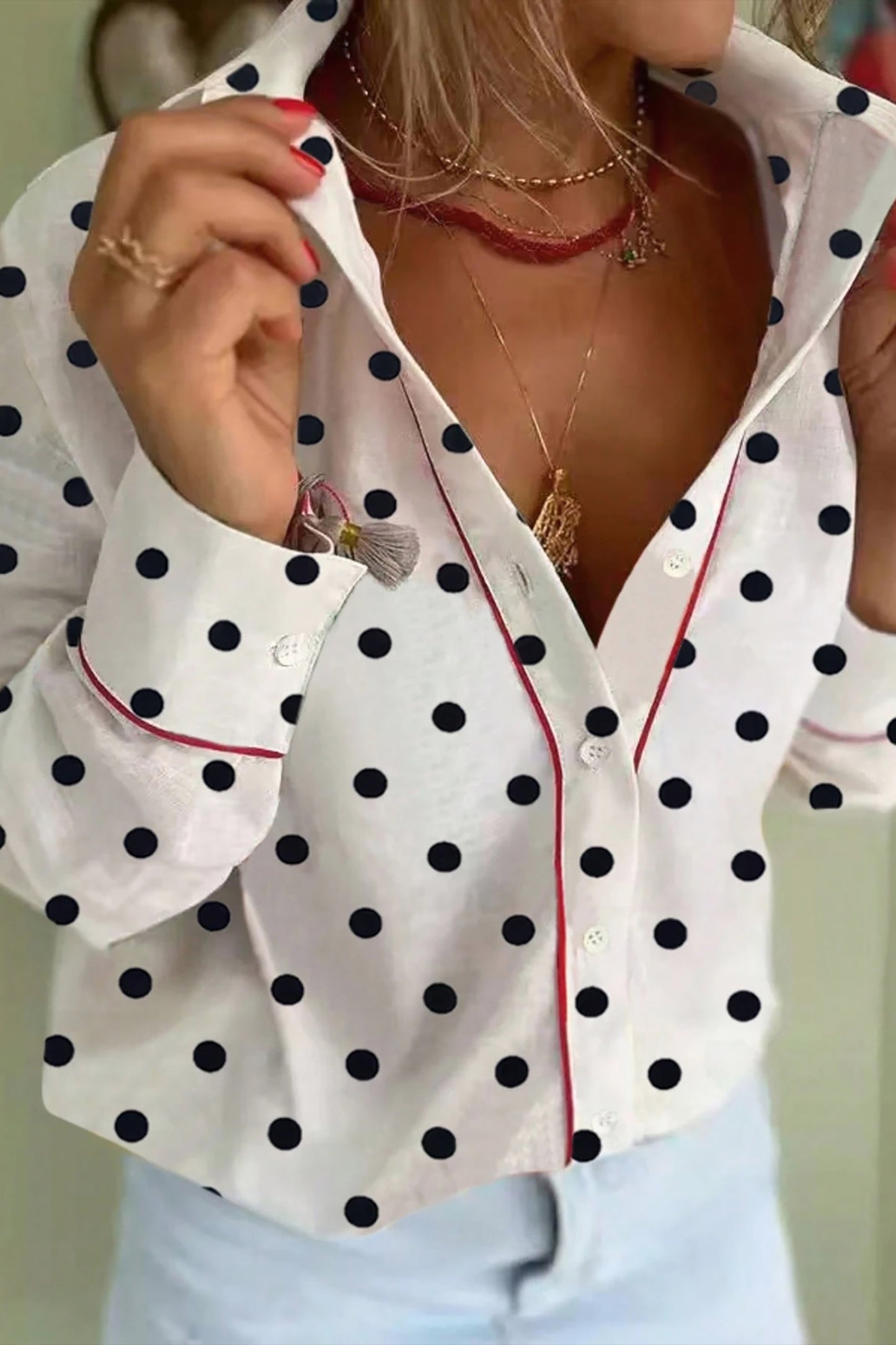 White Polka Dot Contrast Trim Button Up Blouse