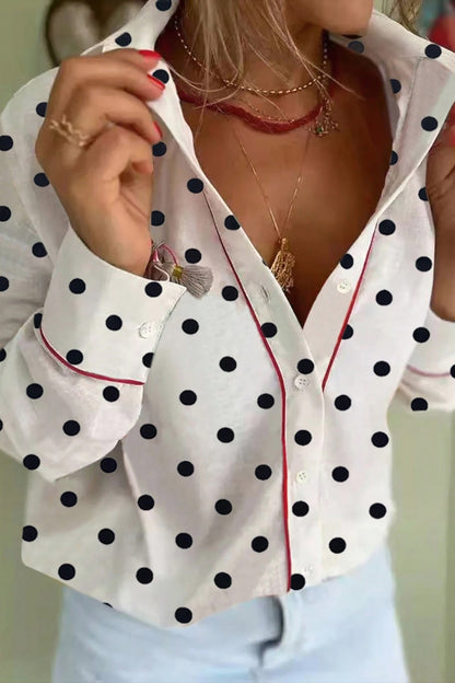 White Polka Dot Contrast Trim Button Up Blouse