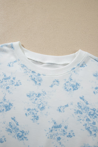Blue Floral Lounge Set Long Sleeve Top Ruffle Shorts