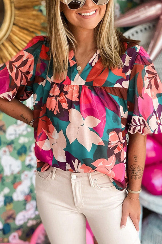 Floral Puff Sleeve V-Neck Blouse – Boho Summer Top