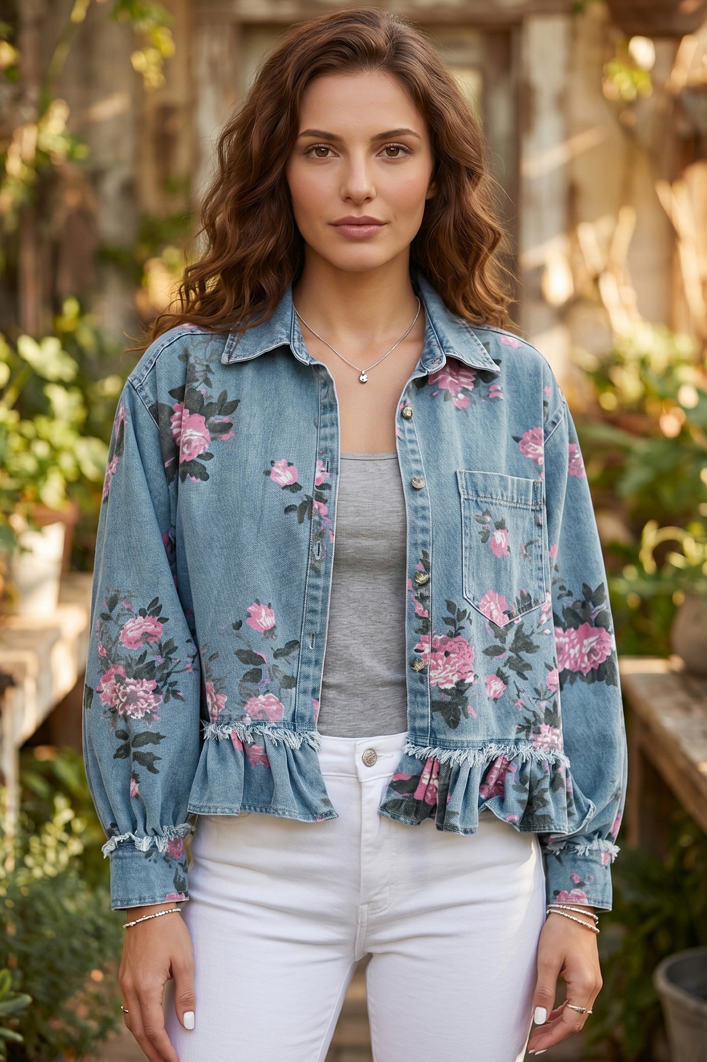 Floral Denim Jacket Ruffle Hem Puff Sleeve Cropped