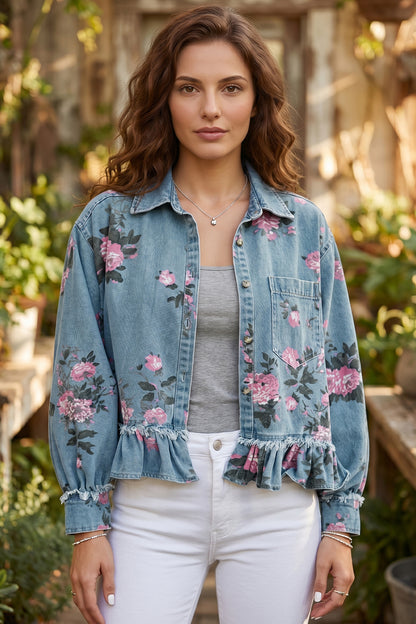 Floral Denim Jacket Ruffle Hem Puff Sleeve Cropped