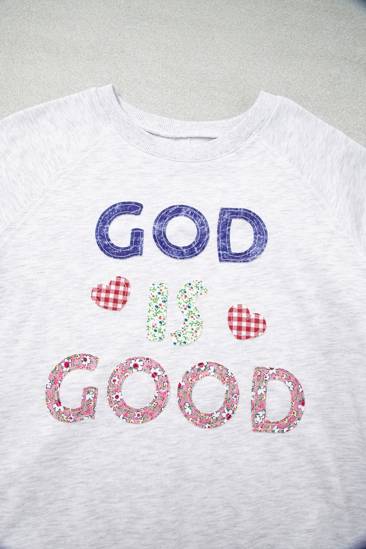 Light Grey GOD IS GOOD Patchwork Applique Relaxed 3/4 Sleeve Tunic Top
