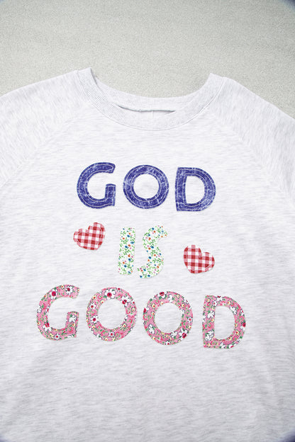Light Grey GOD IS GOOD Patchwork Applique Relaxed 3/4 Sleeve Tunic Top
