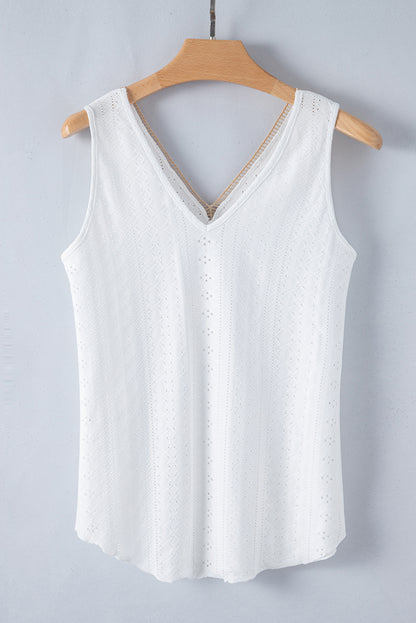 White Lace Crochet V Neck Tank Top Boho Eyelet Blouse