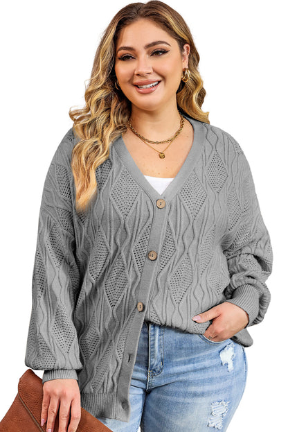 Gray Plus Size Knitted Hollow out Button up Cardigan