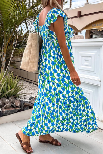 Pink Floral Square Neck Ruffle Sleeve Maxi Dress