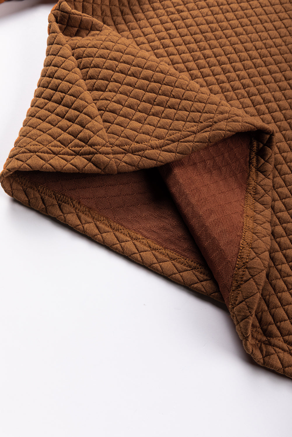 Brown Solid Color Quilted Puff Sleeve Pullover Sweatshirt