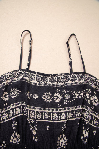 Black Boho Print Spaghetti Strap Wide Leg Jumpsuit