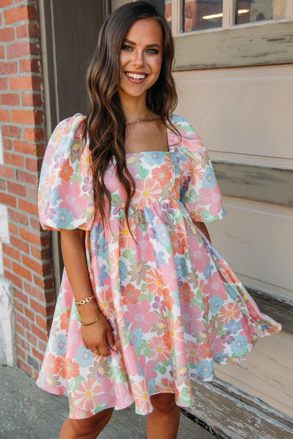 Pink Floral Square Neck Puff Sleeve Babydoll Dress