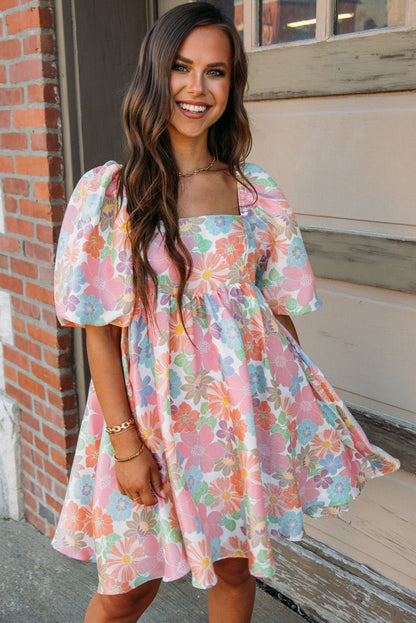 Pink Floral Square Neck Puff Sleeve Babydoll Dress