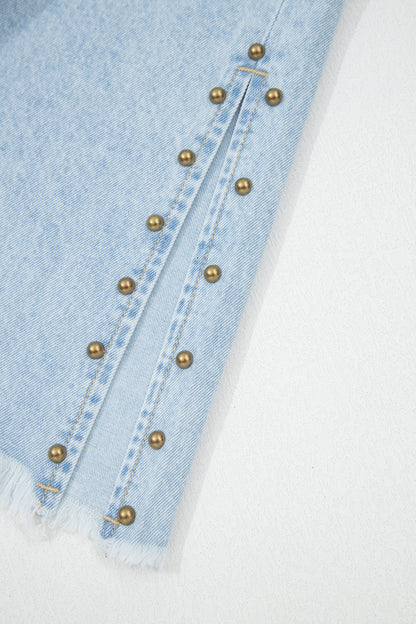 Beau Blue Studded Side Slit Wide Leg Jeans Frayed Pockets