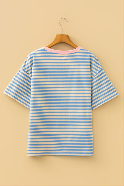 Blue Stripe Hoppy Easter Chenille Patch Graphic Tee