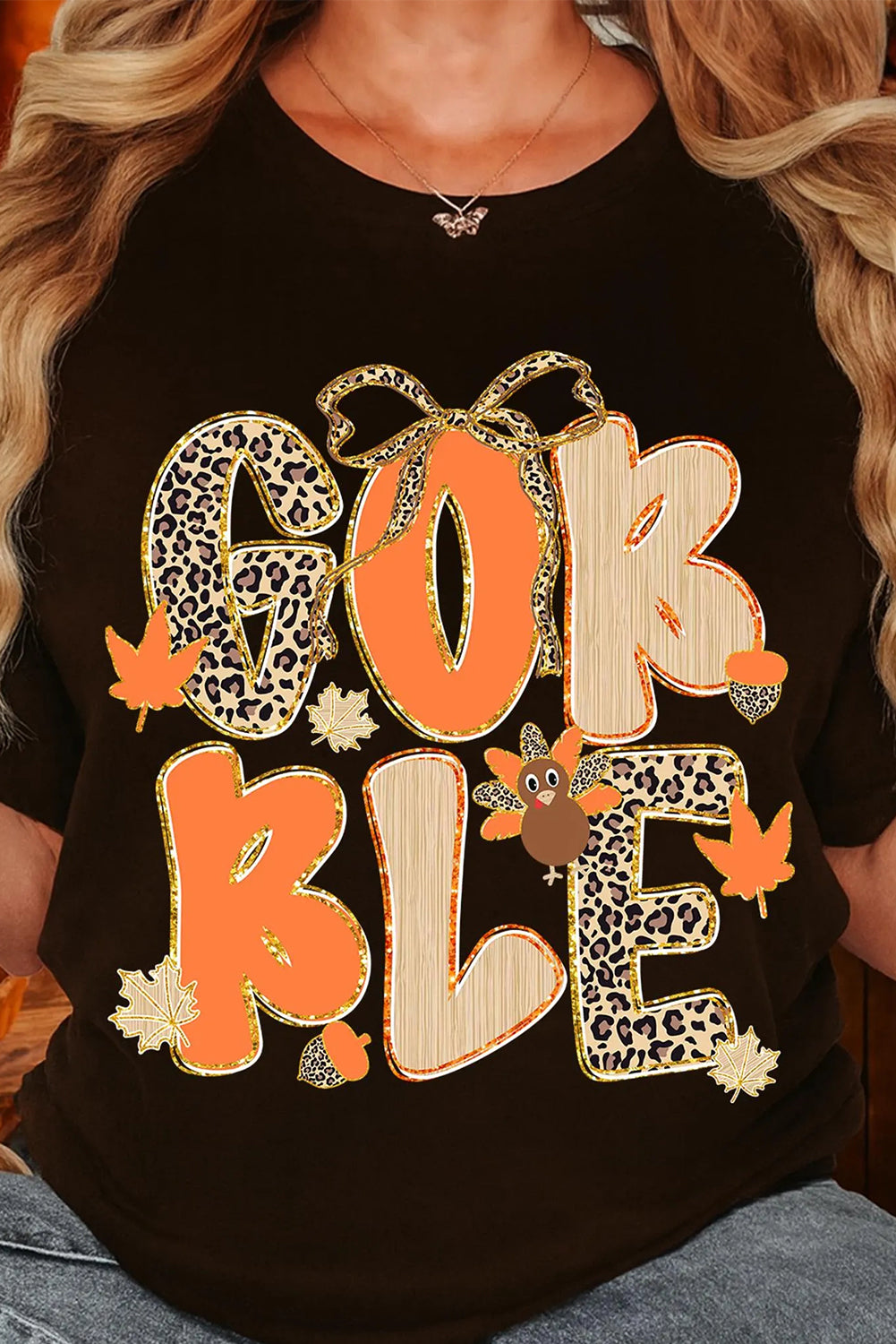 Black Gobble Leopard Letter Turkey Bow Thanksgiving Tee