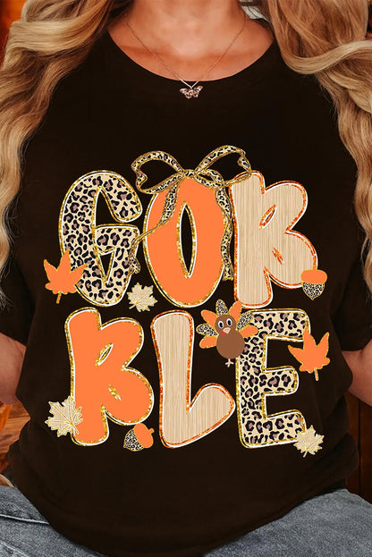 Black Gobble Leopard Letter Turkey Bow Thanksgiving Tee