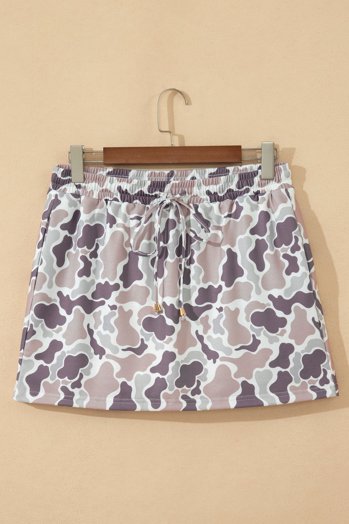 Khaki Western Camo Print Drawstring Mini Skort with Pockets