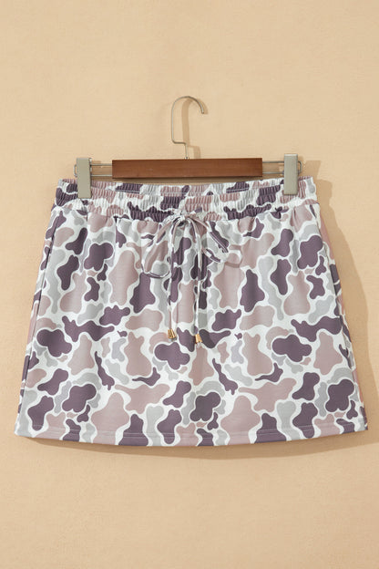 Khaki Western Camo Print Drawstring Mini Skort with Pockets