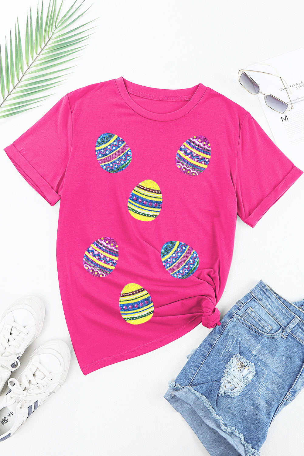 Rose Red Sequin Easter Egg Graphic Crew Neck Tee
