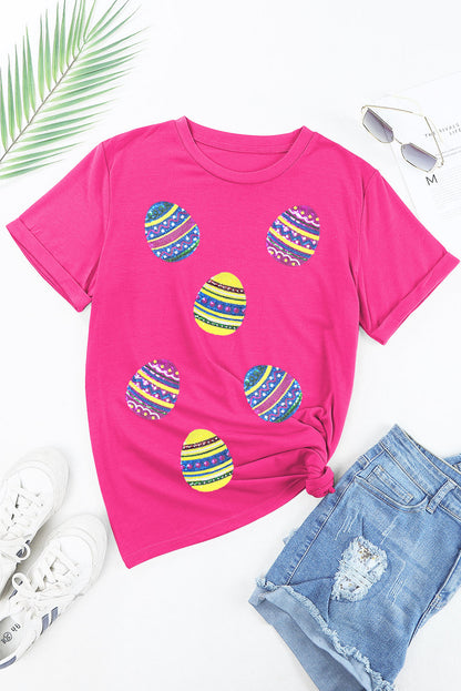 Rose Red Sequin Easter Egg Graphic Crew Neck Tee