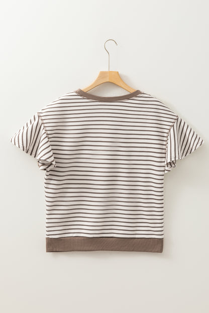 Green Striped Ruffle Sleeve Contrast Casual Top