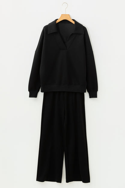V Neck Collared Sweatshirt and Sweatpants Lounge Set
