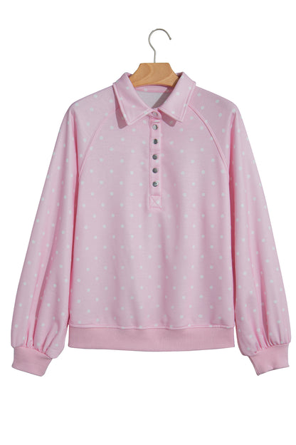 Polka Dot Button Collar Pullover Sweatshirt